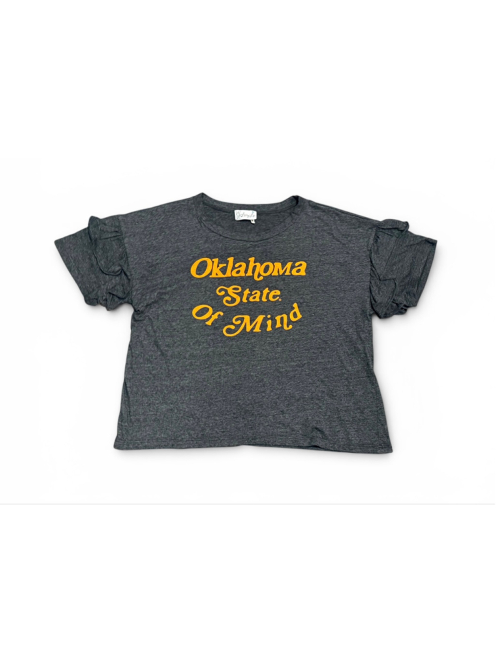 LivyLu Women’s Oklahoma Ruffle Sleeve Graphic Tee Sz L Charcoal Heather Gray OSU - Picture 2 of 8